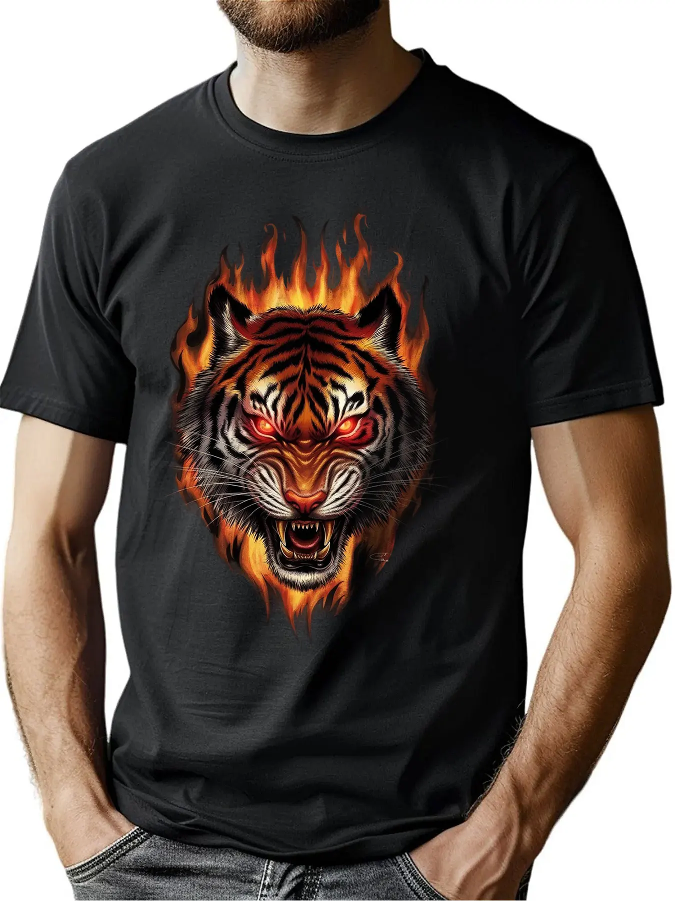 

Fathers Day Present Fiery Tiger Safety Freedom Print Pure Cotton Crew-Neck Tee Soft Relaxed Fit Gym Outdoor Wear Machine Washabl