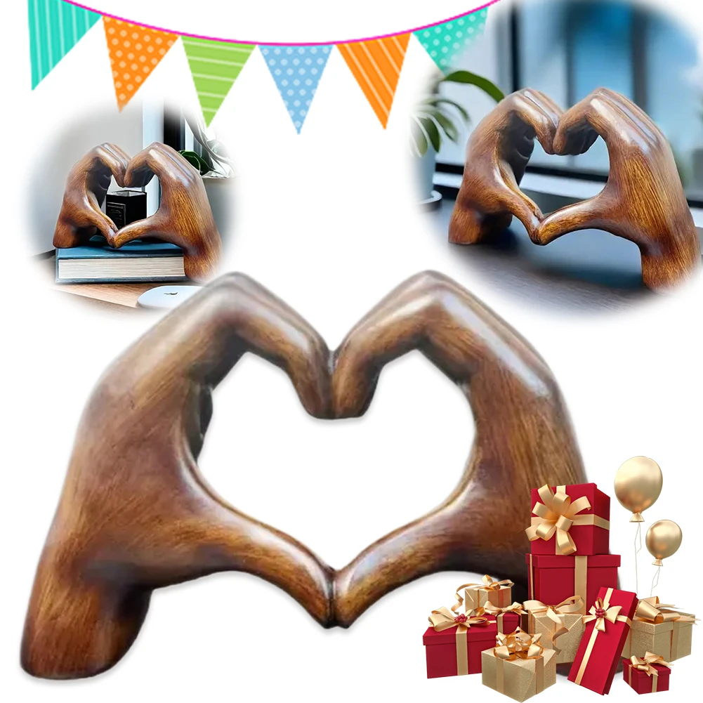 Heart Hands Statue Charming Wood Grain Effect Love Sculpture Heart Hands Ornament Love Hand Gesture Statues Ideal for Home Decor