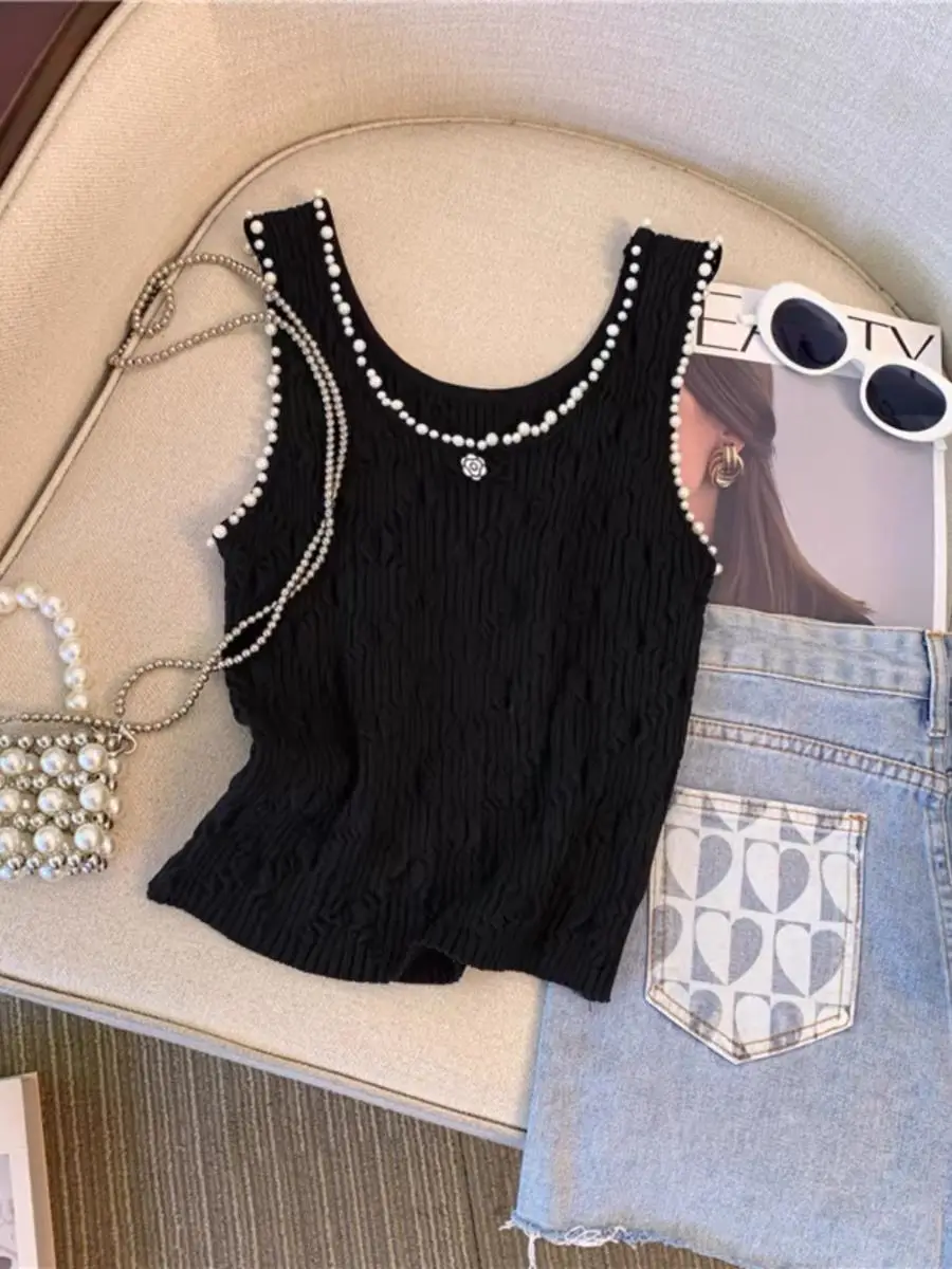 Female 2024 New Beading Lingge Small Fragrant Knitted Tank Top Outwear Strap Camisole Instagram Fashion Top