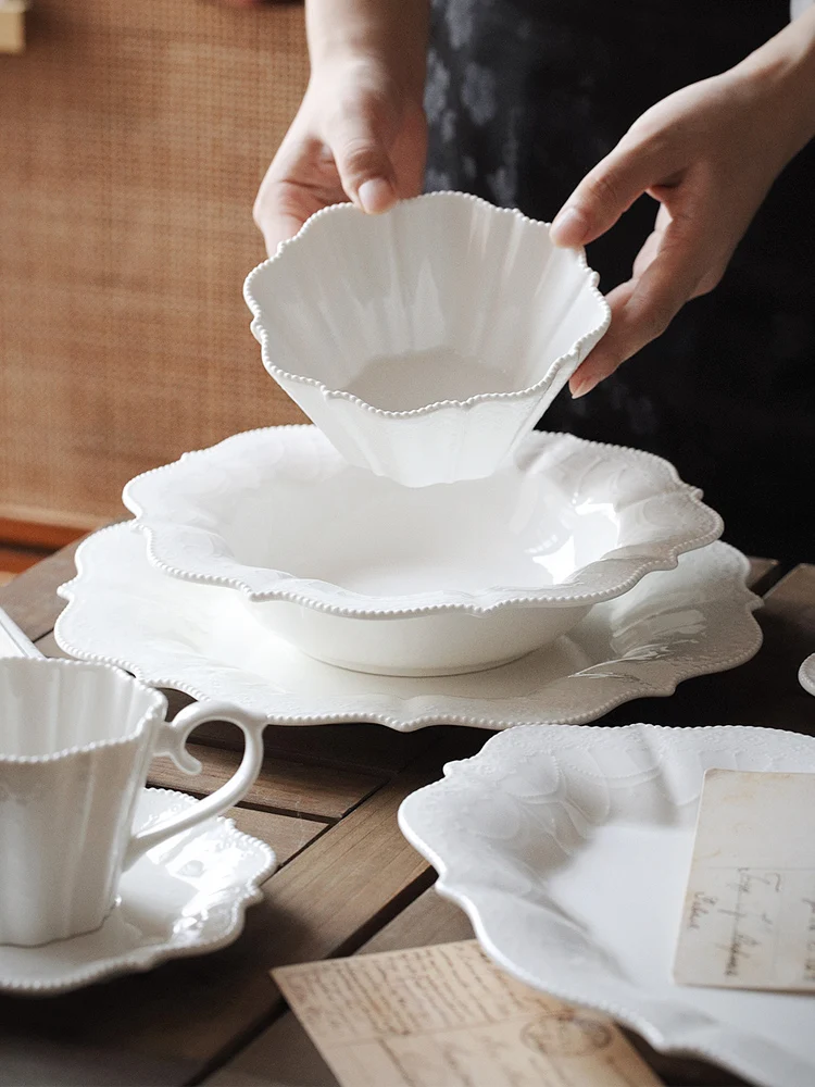 

Zeteng Home White Relief Dinnerware Set 2025 d Western Steak Pasta Bowl Plate Cerc Plain Color Universal 8.5 Inch Plate