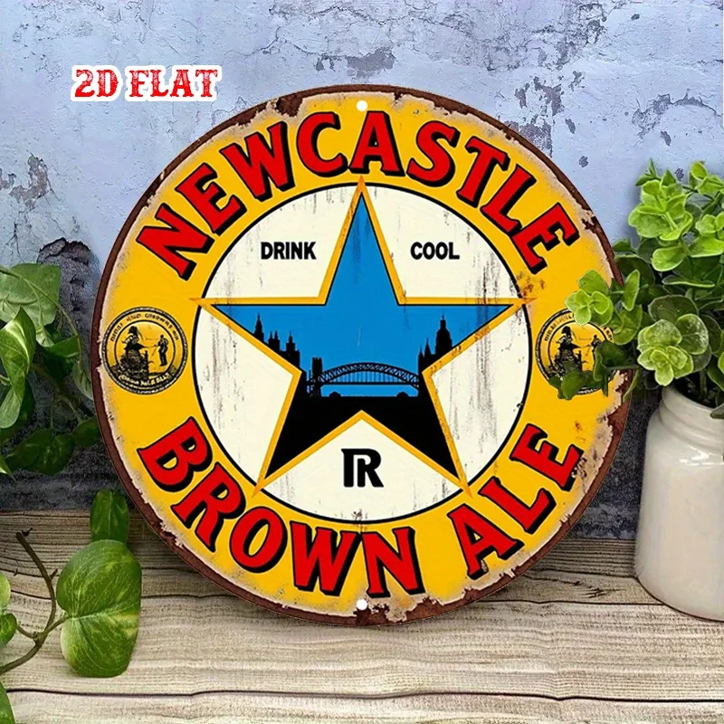 1 قطعة Newcastle Brown Ale Vintage Metal Tin Sign - 19.99 سم لوحة فنية جدارية من الألومنيوم الريفي المستدير مع الطباعة الجريئة وشعار النجمة، Indo