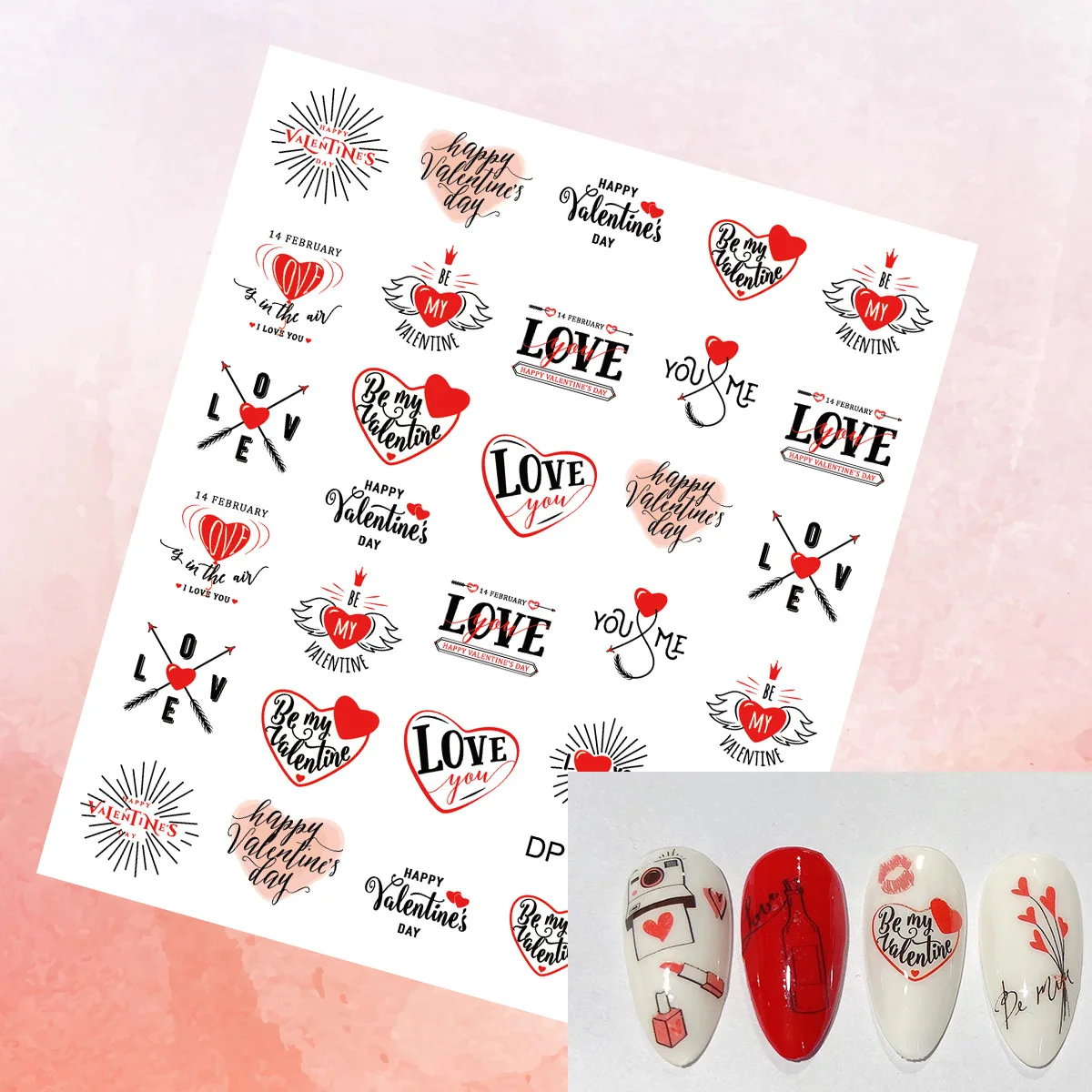 Valentine's Day Love Series Red Heart Nail Stickers Decals Nail Art Decals for Romantic Style Heart-shaped Patterns