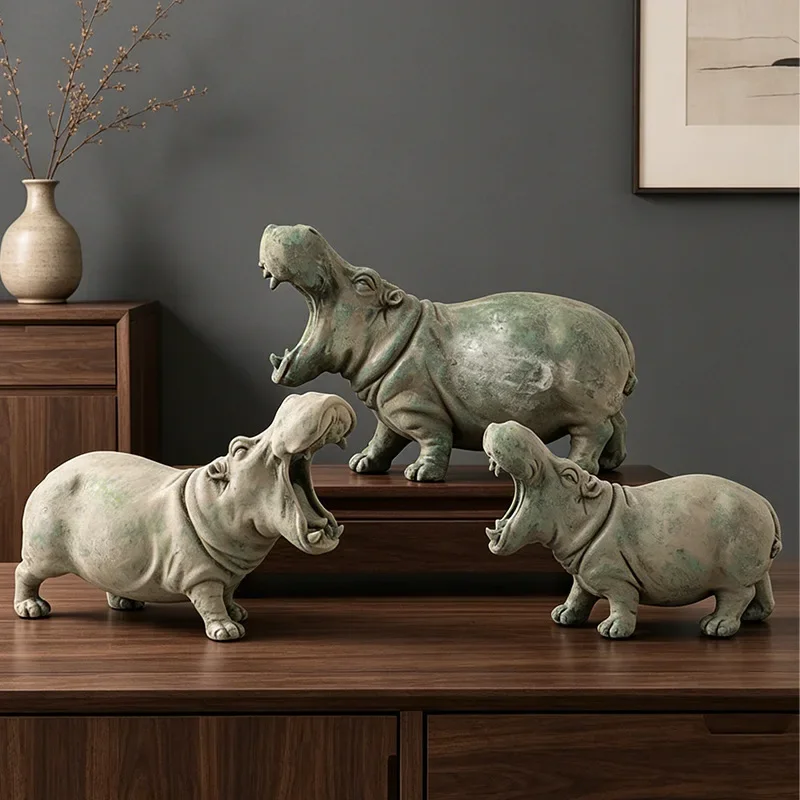 Hippos Figurine Simulated Animal Sculpture Clay Hippo Animal Resin Handicraft Decorative Figurines Home Decoration Accessories
