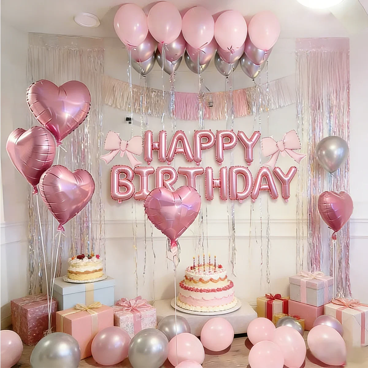 Pink Birthday Balloon Set with Bow Aluminum Film Balloon for Birthday Party Balloon Atmosphere Decoration Photo Props view 2