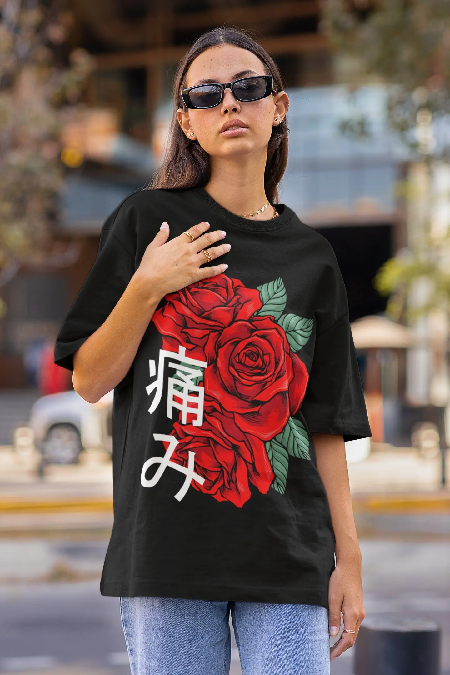 Aesthetic Japanese Rose T shirt Japan Red Floral Grunge Kanji Kawaii