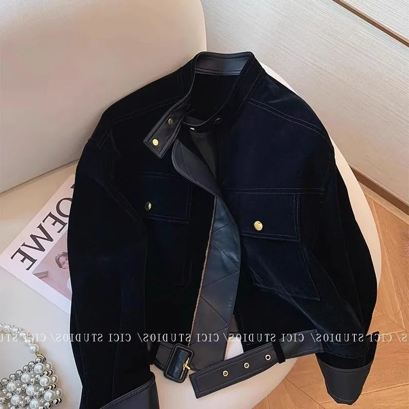 

Черная кожаная куртка с замшевым воротником, короткое пальто для женщин, новинка осени-зимы 2025, винтажный американский стиль, приталенный крой