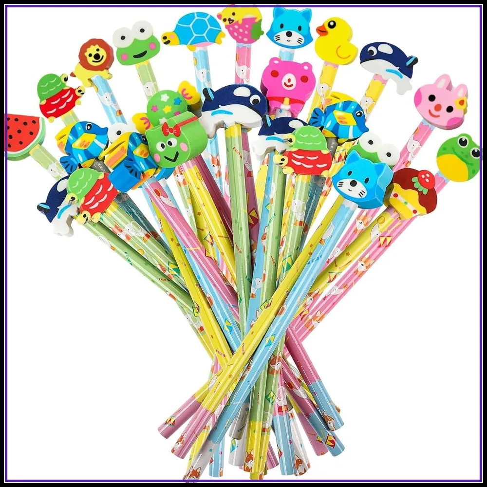 

28 Cute Animal Pencils with Eraser Toppers, Bulk Party Favors, Classroom Rewards, Stationery for Kids