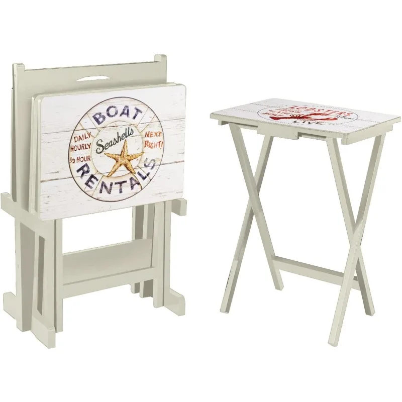 Coastal Folding TV Tray Tables - Nautical Oceanic Motif, Perfect for Home, Patio, Beach Decor, Durable & Easy to Store.