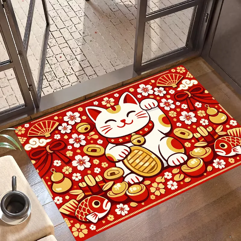 Lucky Cat Door Mat, Japanese Maneki Neko Red Floor Rug with Gold Coins & Flowers for Entrance Decor multiple sizes