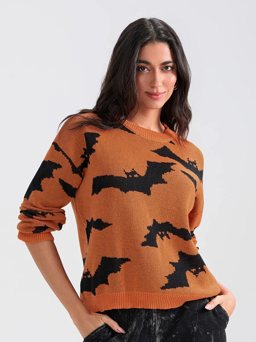 Halloween Long Sleeve Sweater Women Cute Graphic Printed Sweater Casual Loose Basic Pullover Warm Knittwear Tops