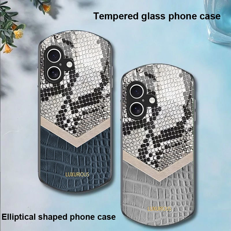 Snake skin pattern For Apple iPhone 16 11 13 15 14 Pro Max 12 Mini 7 8 Plus XR X XS Elliptical shaped tempered glass phone case