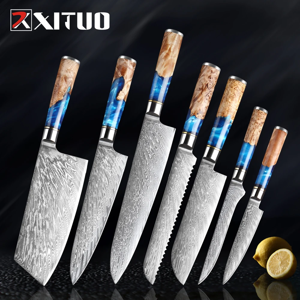 XITUO Professional Kitchen Chef Knife Set Damascus Steel Japan VG10 Premium Blue Resin and Colored Wooden Handle Cooking Knife