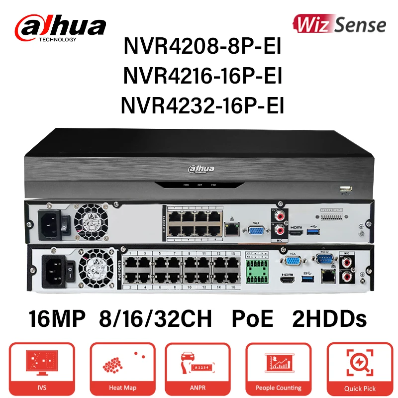 Dahua 8/16/32 CH NVR 8/16PoE Видеорегистратор 4K IP-камера Система безопасности 2 жестких диска H.265 NVR4208-8P-EI NVR4216-16P-EI NVR4232-16P-EI