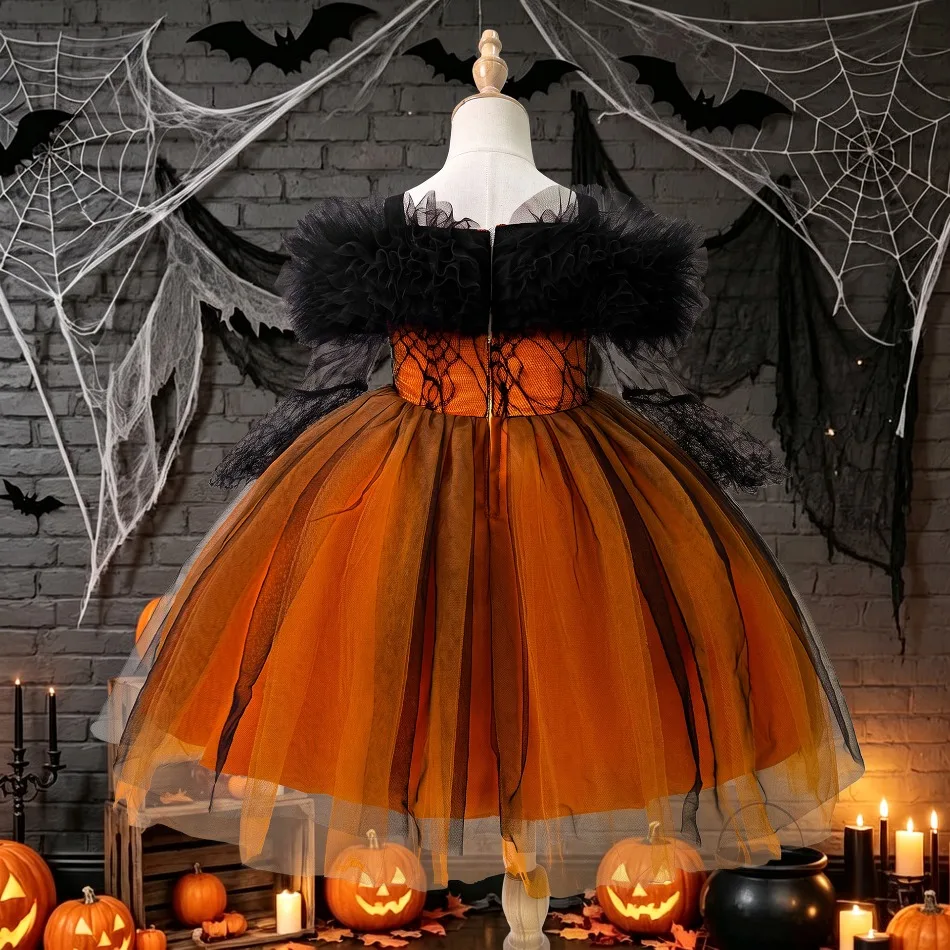 Mädchen Halloween Off-Shoulder Feder-Spitzenkleid Kinder Spinnennetz Tüll Tutu Kleid Schwarz Orange Cosplay Party Kostüm ASQ03 – Detail 4
