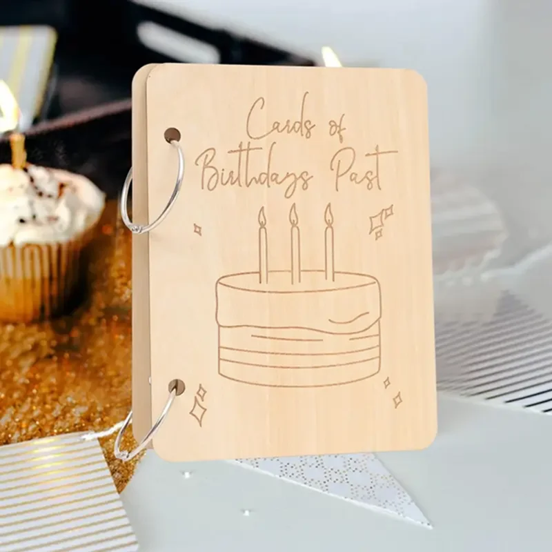 

Cards of Birthdays Past Wooden Album - Greeting Card Organizer Binder with Metal Rings, Vintage Cake Design Photo Memory Book (A