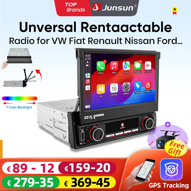 Junsun 7" TouchScreen Wireless CarPlay for Apple 1din Universal Manual Automatic Retractable Car Stereo Radio Android Auto WiFi