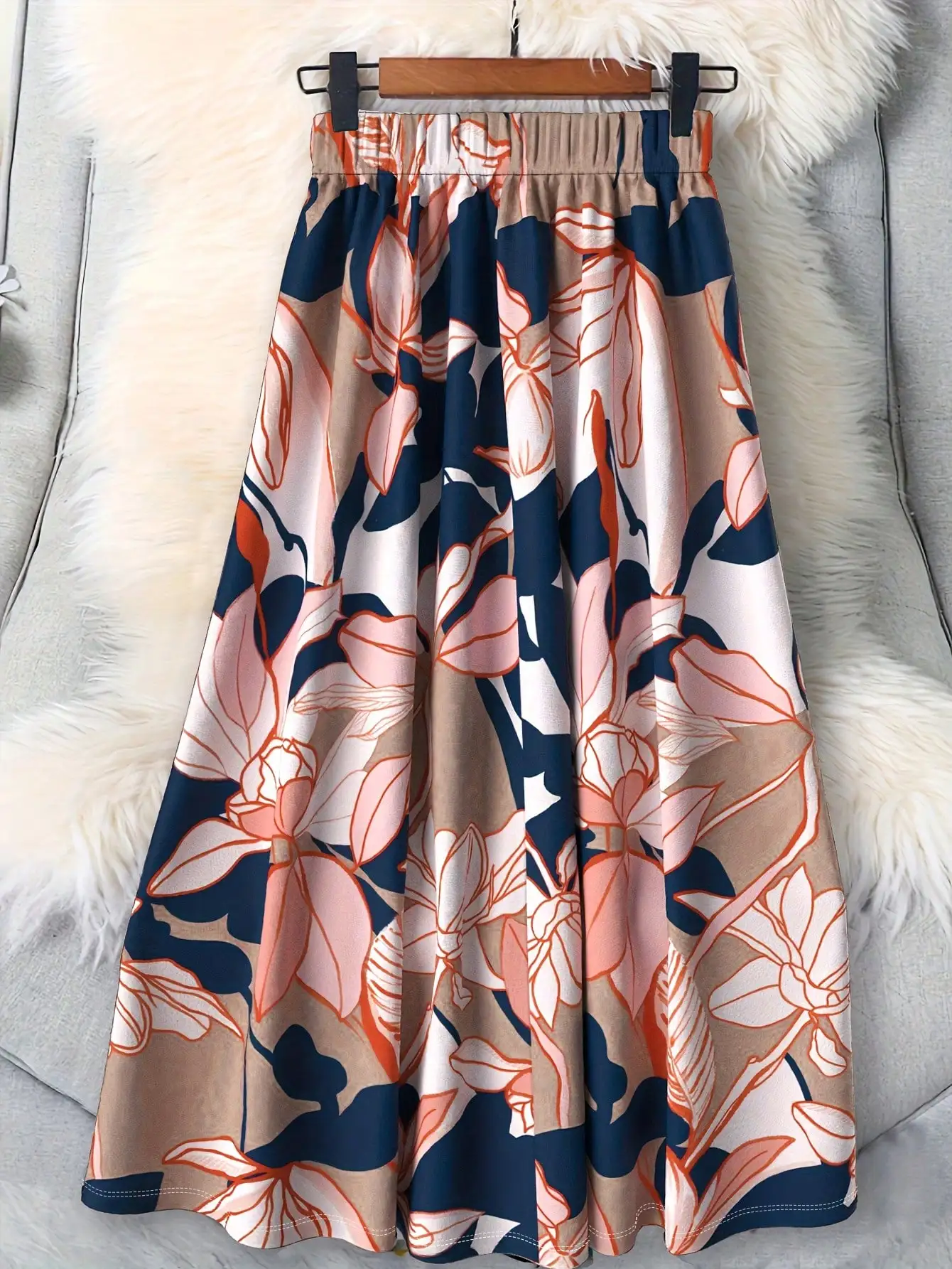 Womens Floral Print High Waist Elastic Midi Skirt A Line Flowy Pleated Skirt Summer Spring Boho Vintage Elegant Office Lady