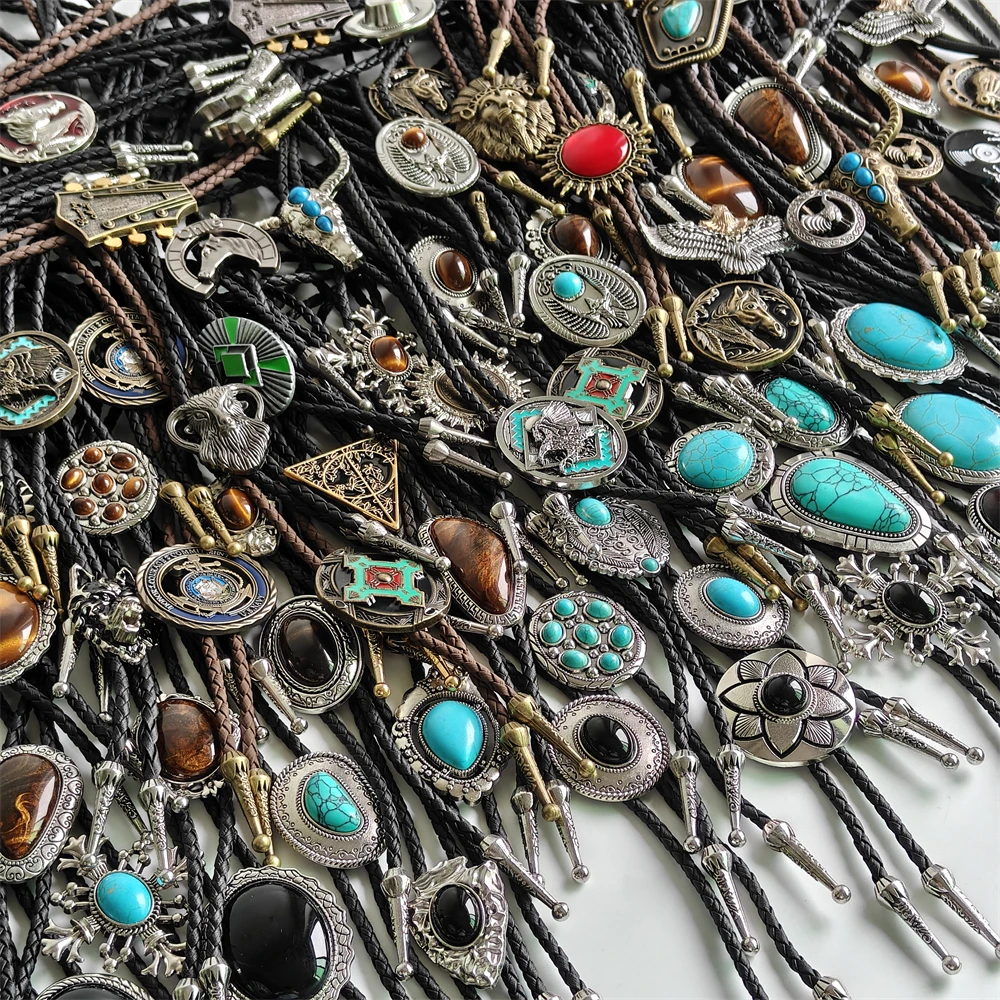 5Pcs Bulk Western Cowboy Bolo Tie Set Men Vintage Leather Rope Turquoise Cow Skull Tiger Eye Pendant Necktie Jewelry Wholesale