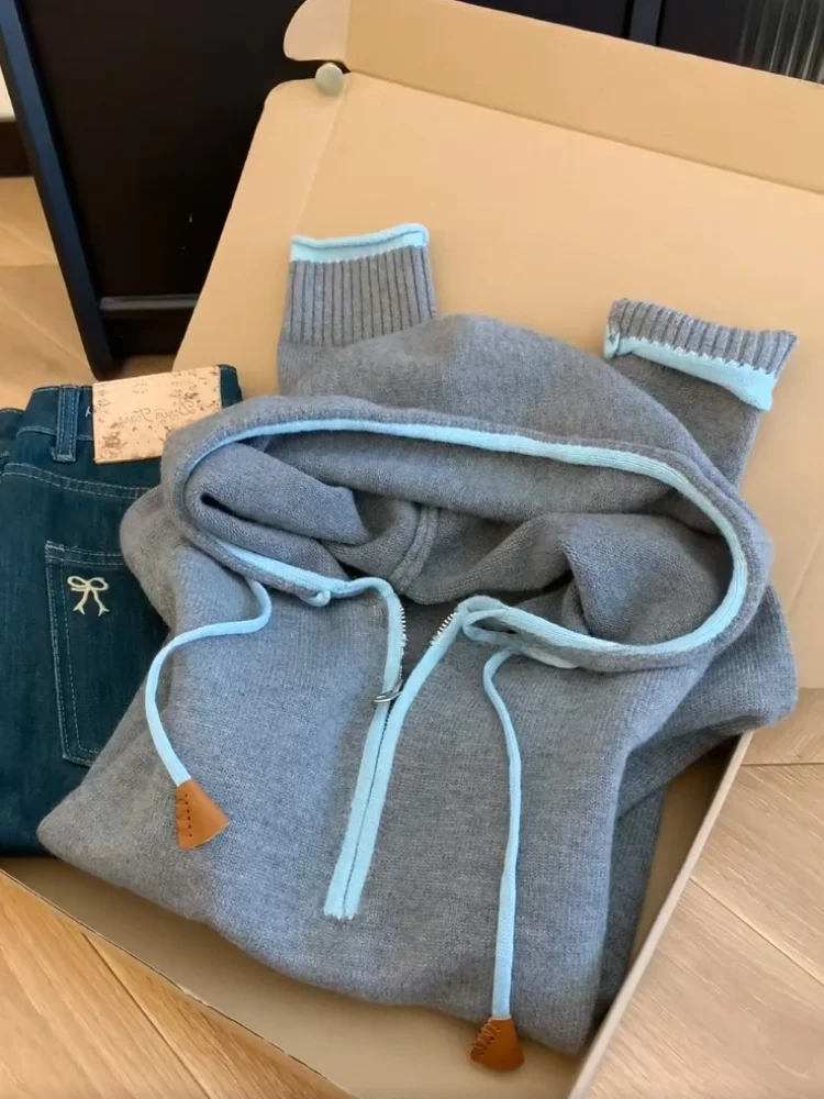 

Loose Fit Color Blo Hoodie Women's Knitted Sweater Winter New Sle Casual Versatile Lazy Sle f Zipper Warmth Heating