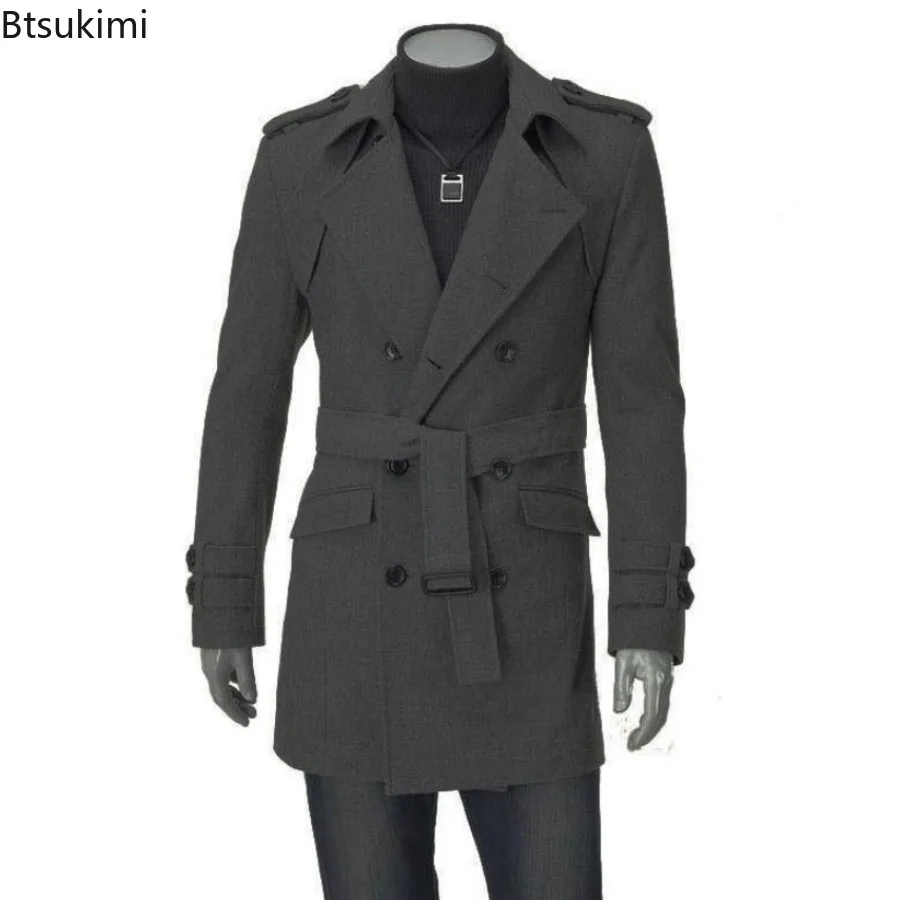 

New Autumn Winter Men's Korean Woolen Overcoats Fashion Slim Double Breasted Lace-up Trench Coats Mid-length Windbreaker Jackets