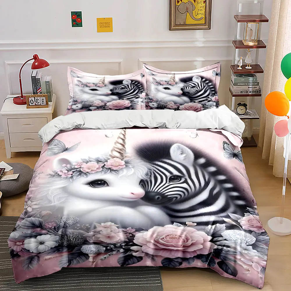 

Unicorn and Zebra in Floral Bliss Print Bedding Set 1 Duvet Cover 2 Pillowcases for Adult and Children Luxury Gift Full Size