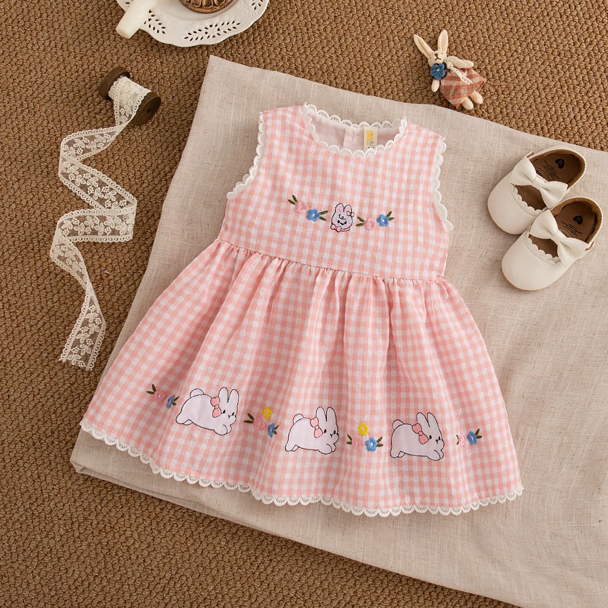 Baby Girl Dress Summer Checkered Rabbit Print Sleeveless Girl Dress Cute Floral Cotton Baby Dress Baby Clothes Girl