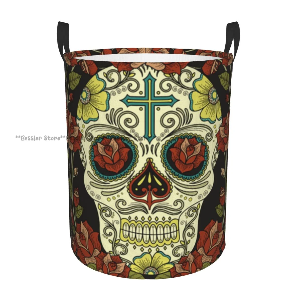 Laundry Basket Magnificent Skull With Roses And Cross Round Storage Bin Collapsible Hamper Clothes Bucket Organizer