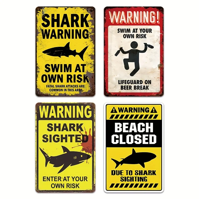 2D Flat - Decorative Sign & Plaque 2D Flat, 4pcs Vintage Humorous Shark Metal Signs,8X12 Inch Rustic Warning Wall Art With Funny