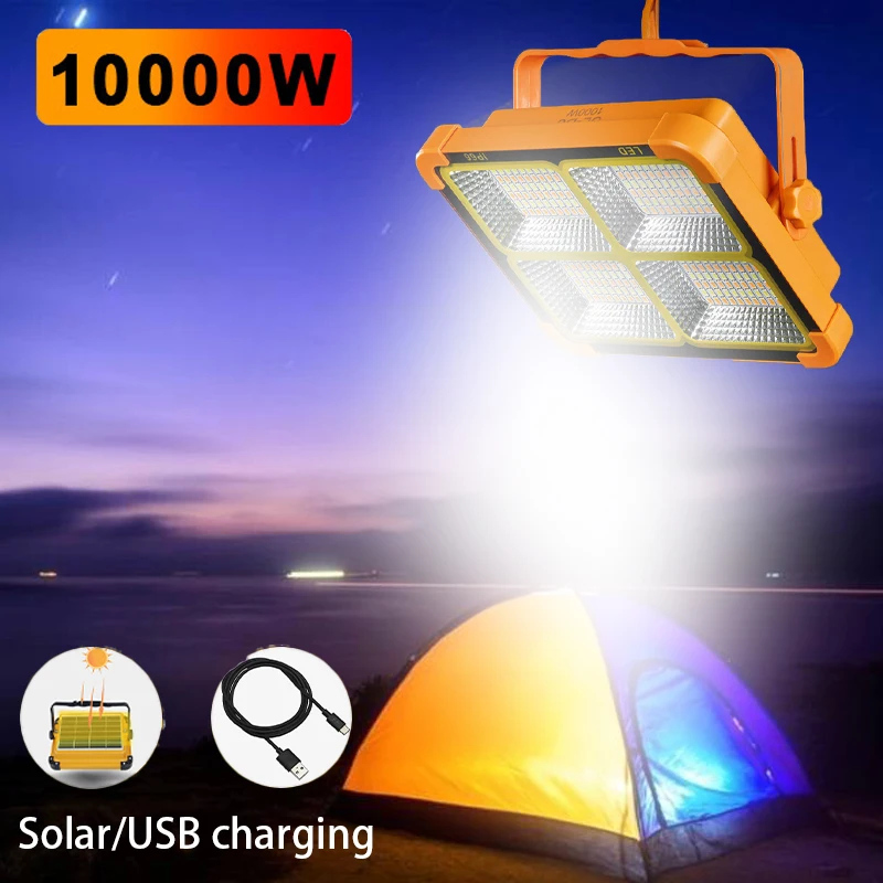 

10000 Watt LED Solar Floodlight Rechargeable Portable Solar Lantern Outdoor LED Emergency Night 4 Mode Magnet Camping Bulb Lamp