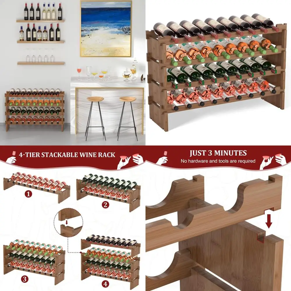 

36-Bottle Stackable Wooden Floor Wine Rack, 4-Tier Countertop Holder, 33.5 Wide, Walnut Finish