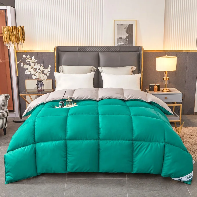 Fluffy Quilted Comforter Green&Grey Goose Down Like Duvet Lightweight Warm Winter/Autumn/Spring Full Thick Blanket Quilt Code