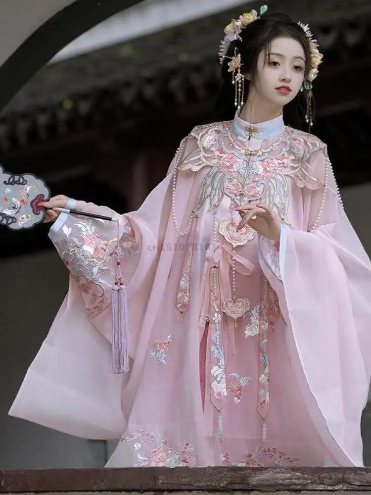 Women Ming Hanfu Stand Collar Top Skirt Set Cloud Shoulder Pink Floral Embroidery Chiffon Sweet Ancient Chinese Cosplay Photo