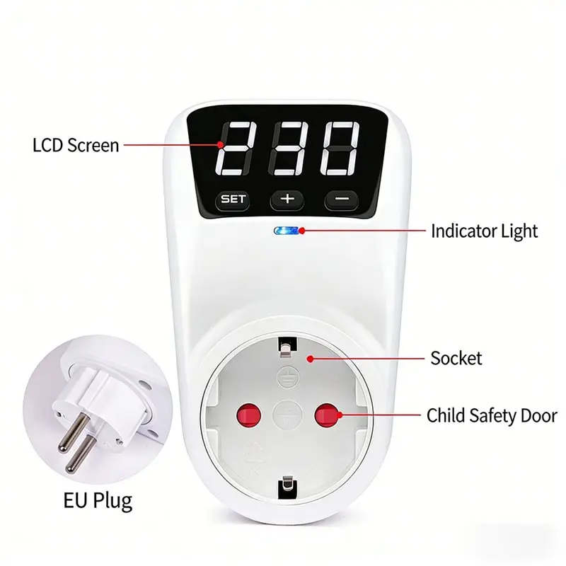 DT39 LED Voltage Protector, Automatic Voltage Switch, 16A 230V, Adjustable Surge Protection Device, EU Plug, Home Power Safety