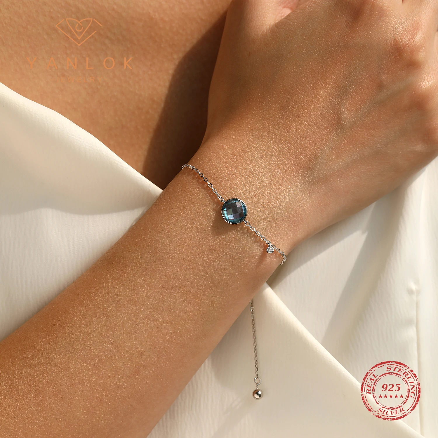 YANLOK 925 Sterling Fashion Simple Light Sea Blue Round Zircon Link Chain Bracelets For Women Fine Jewelry Gifts