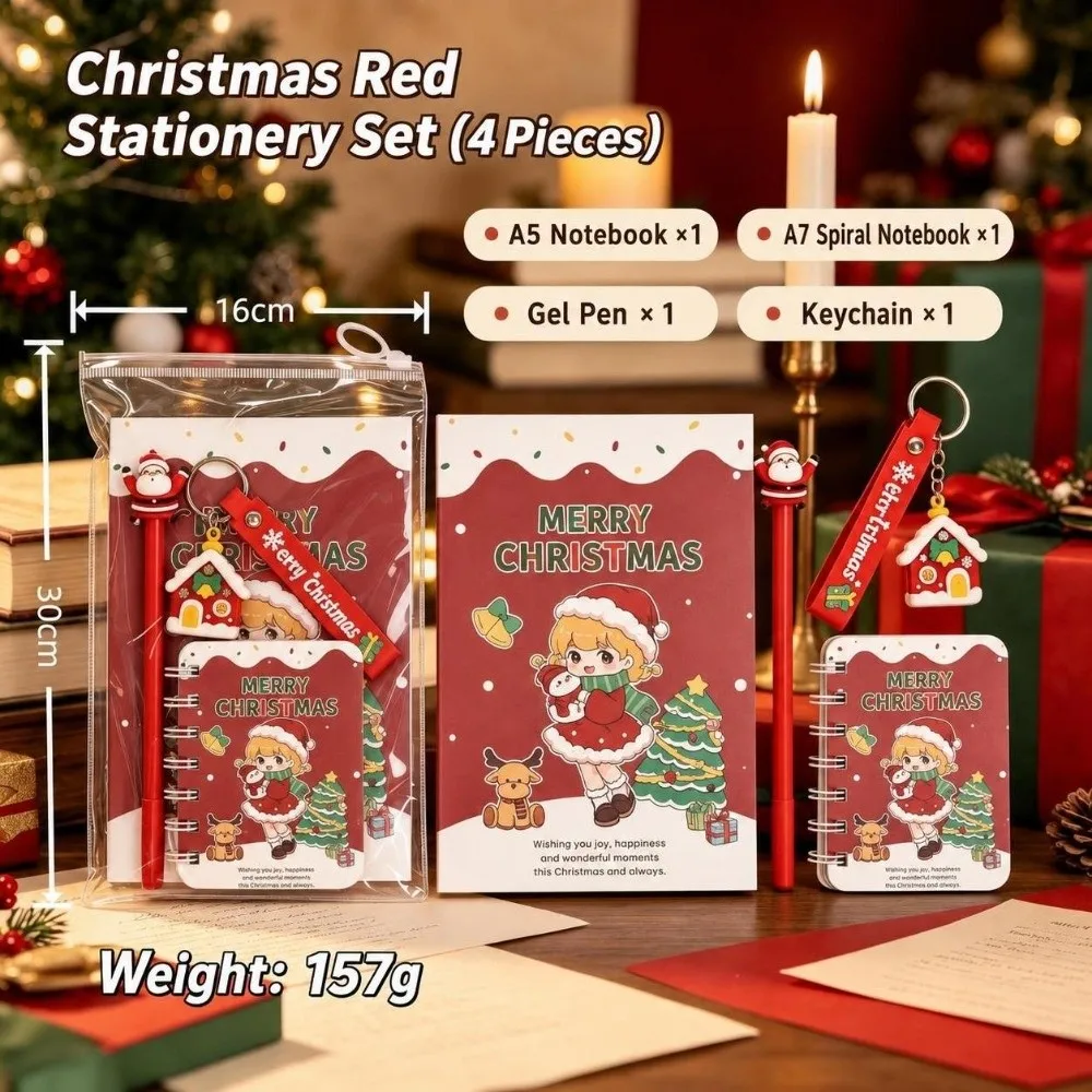 4Pcs/Set Santa Claus Christmas Stationery Set Christmas Keychain Christmas Theme Christmas Gel Pen School Supplies