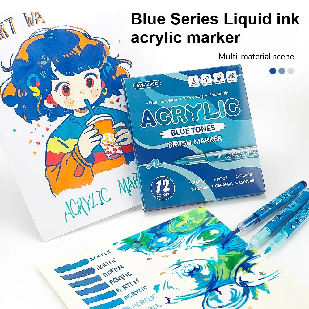 

12-цветные акриловые маркеры синей серии, быстросохнущие для рисования, рисования, камня, дерева, чашки для яиц, художественные школьные канцелярские принадлежности