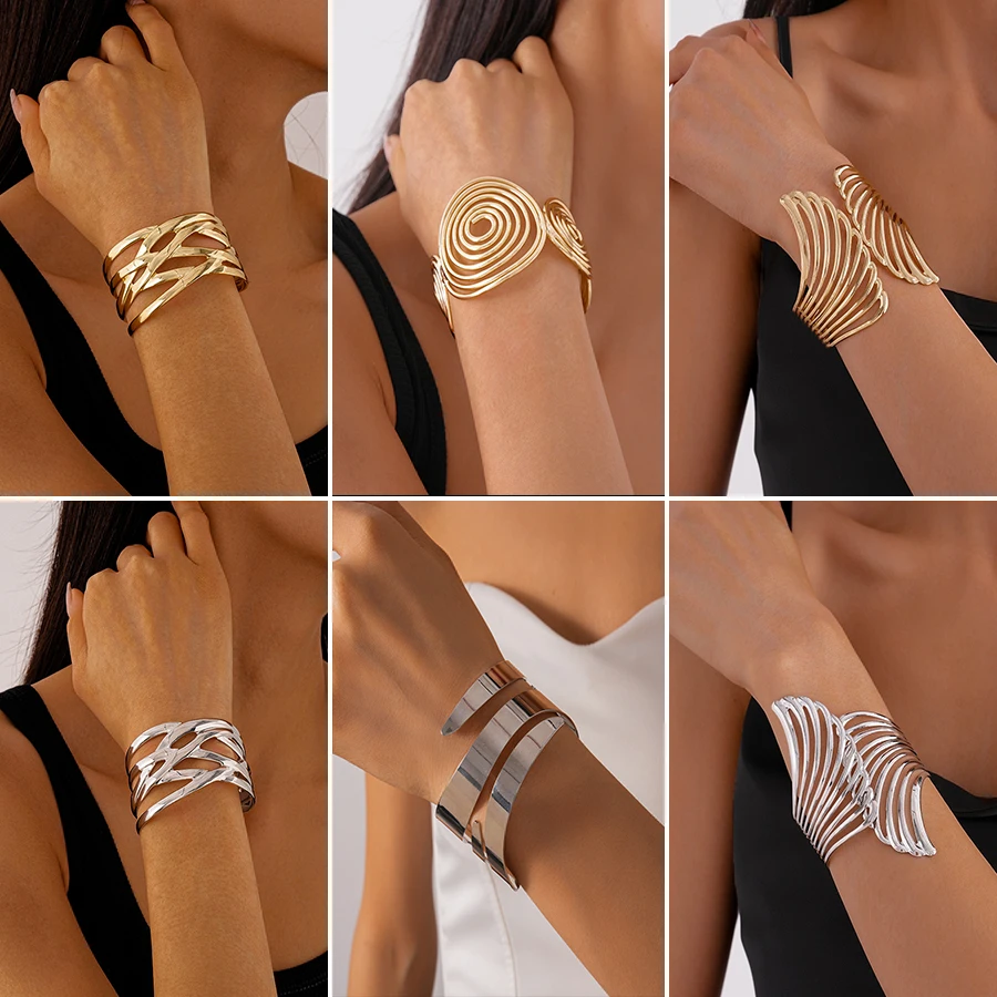 

Punk Wide Cuff Open Bracelets for Women Men Stainless Steel Metal Geometric Braided Multi-layer Bracelets Bangles Hand Jewelry