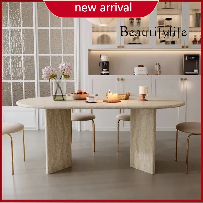 N45 Wi Modern simple living room light luxury travertine dining table long oval large and small apartment home wabi **** wind ad