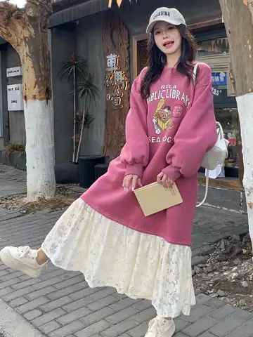 두꺼운 레이스 플레어 드레스 한국 스타일 루즈핏 가을 겨울 두꺼운 플레어 레이스 플레어 레이스 플레어 드레스 드레스