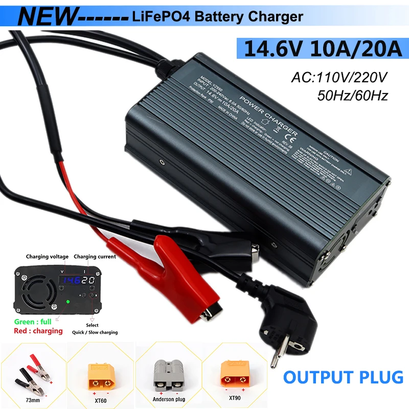 

14.6V 10A/20A Adjustable Current 4S 12V Lifepo4 Charger with LCD Display for Fast/slow Charging Dual Mode Intelligent Charging