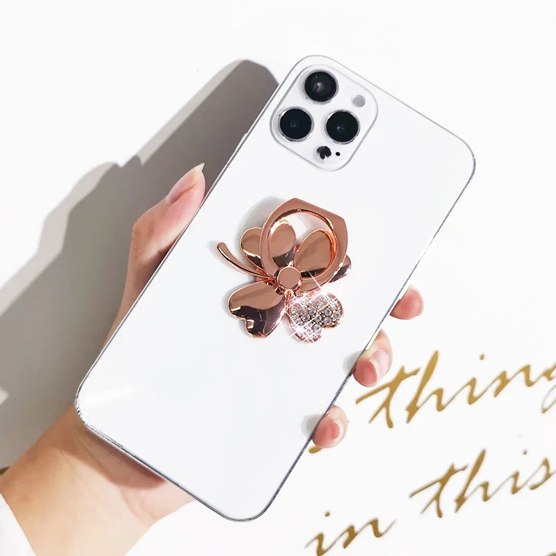 Four Leaf Clover Phone Finger Ring Holder For iPhone Redmi Samsung Crystal Metal Grip Rotation Cellphone Stand Mount Bracket