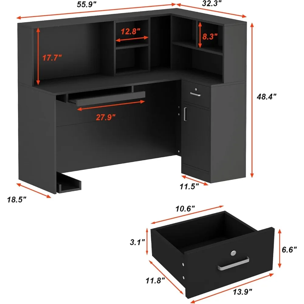 Modern Reception Desk Counter Table, L-Shap Reception Room Front Desk with Lockable Drawer & Open Shelves, Retail Counter