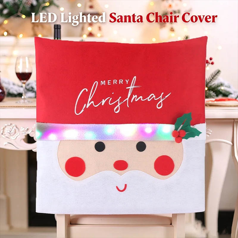 LED Christmas Santa Claus Chair Back Covers Dining Chair Holiday Party Supplies Home Decoration Festive Chair Protector