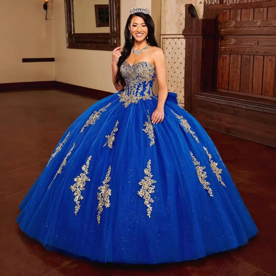 Luxury Sleeveless Gold Embroidery Ball Gown Women Party Evening Dress Quinceanera Prom Gown For Stage Show Wedding Formal Events