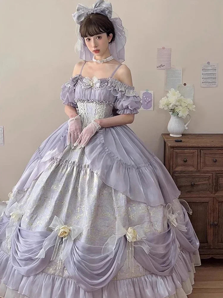 

Off Shoulder Short Puff Sleeve 3D Flower Back Bow Princess Birthday Long Dress Women Elegant Luxury Purple Lolita Evening Dress