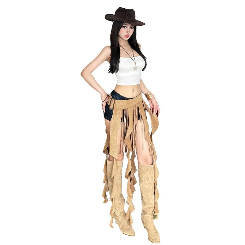2026 New Vintage Boho Tassel Wrap Skirt Women Suede Texture Adjustable Belt Fringed Irregular Hip Skirts Cosplay Costume Bottom