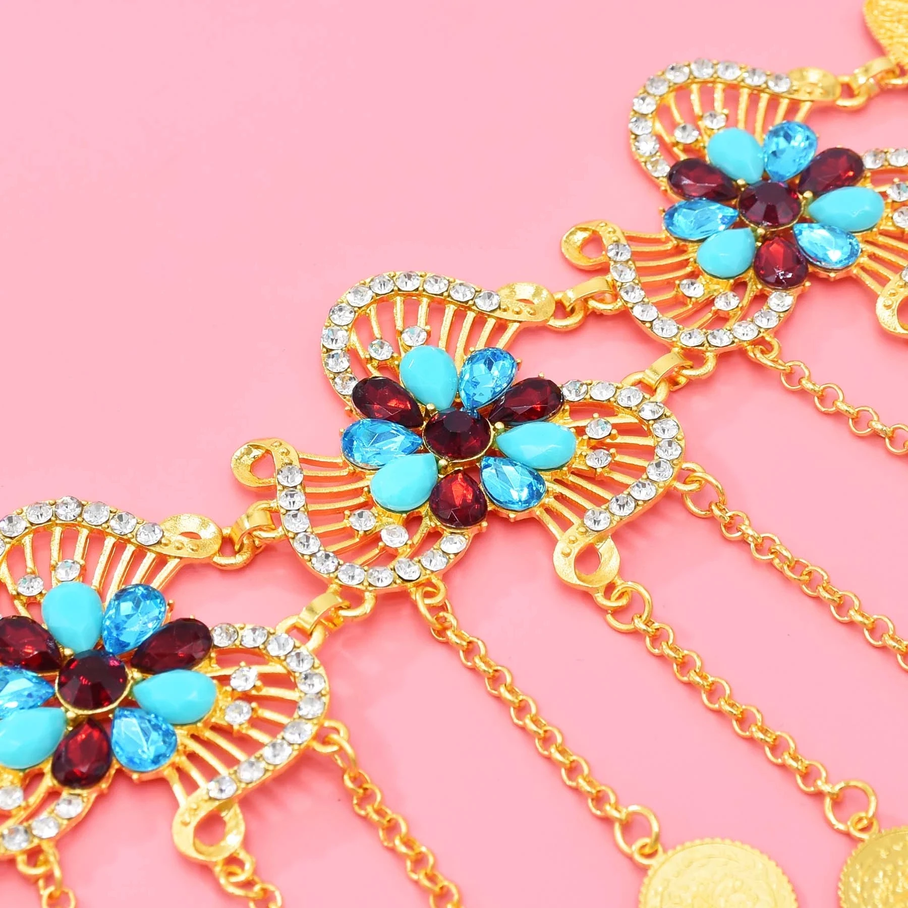 Retro Fashion Crystal Flower Coins Long Tassel Ethnic Belly Chains Gold Color Bohemian Beach Party Belts Sexy Metal Body Jewelry