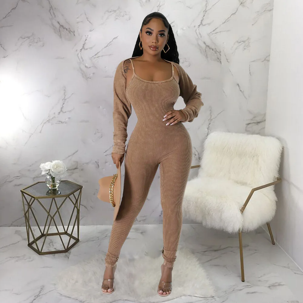 Women Knit Ribbed 2 Piece Set Outfit Long Sleeve Cover Ups and Strap Sleeveless Jumpsuit 2023 Fashion Casual Overalls Tracksuit