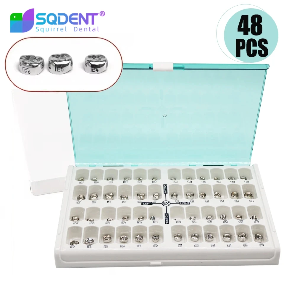 48Pcs/Box Dental Kids Crowns Preformed Metal Crown Stainless Steel Temporary Crowns Orthodontic Dentistry Materials Therapy Tool