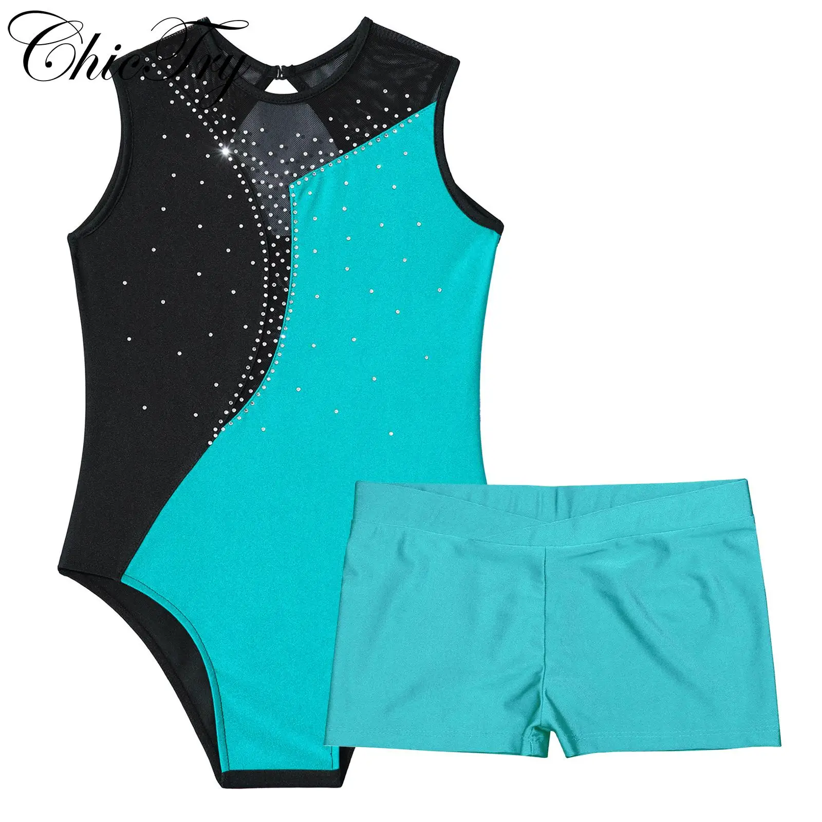 

Kids Girls Ballet Dance Sets Sports Gymnastics Workout Dancewear Outfits Rhinestones Leotard with Shorts for Dance Competition